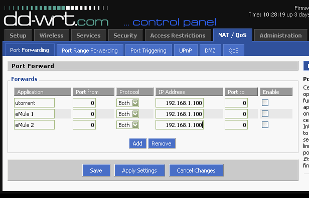 v23 Port Forwarding section in the Web GUI